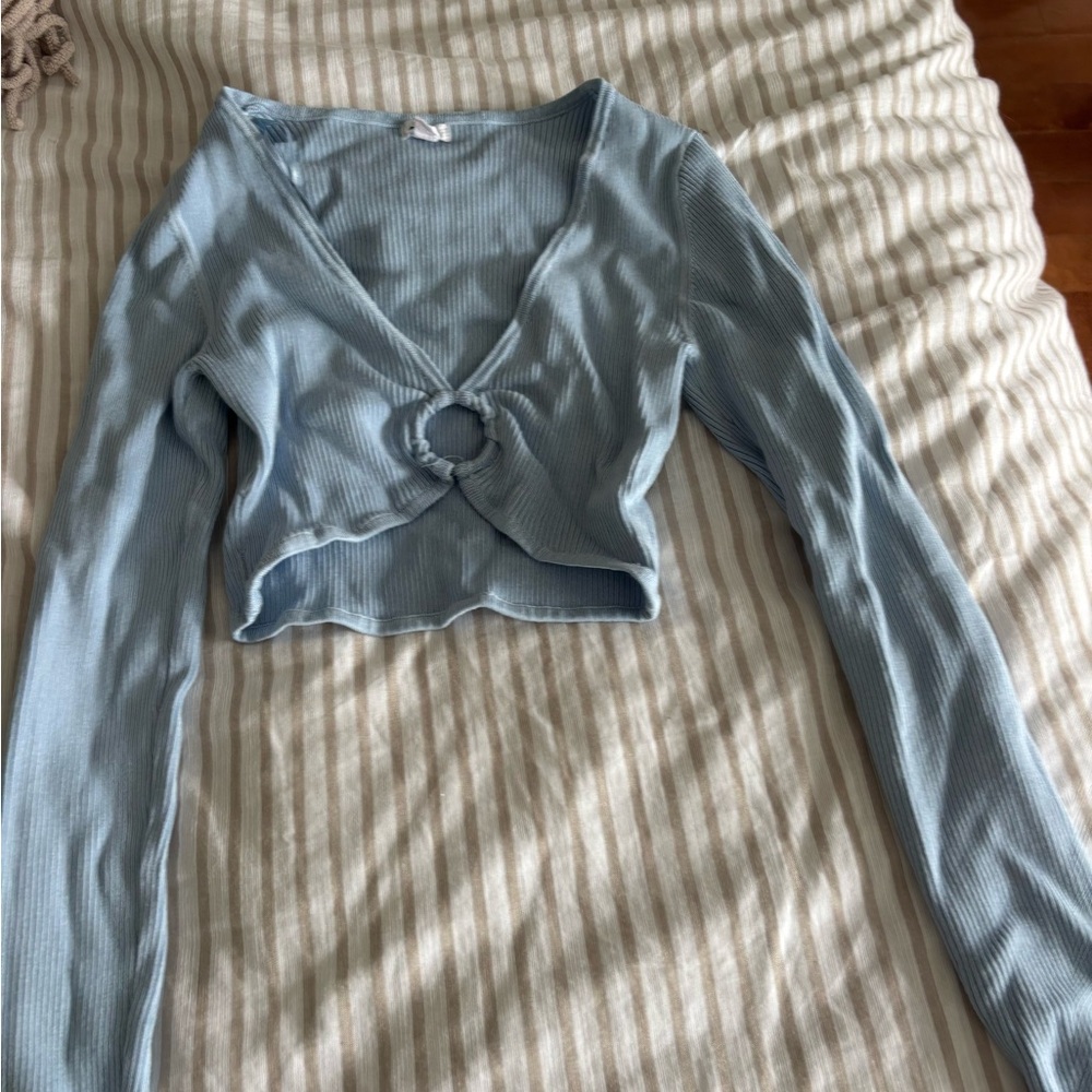 Garage Light Blue Ribbed Ring-Front Long Sleeve Crop Top